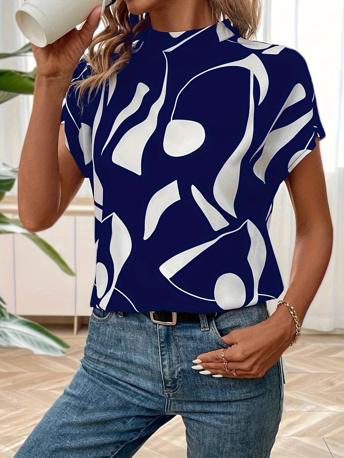 Abstract Print Mock Neck Blouse, Casual Short Sleeve Blouse For Spring & Summer, Women's Clothing