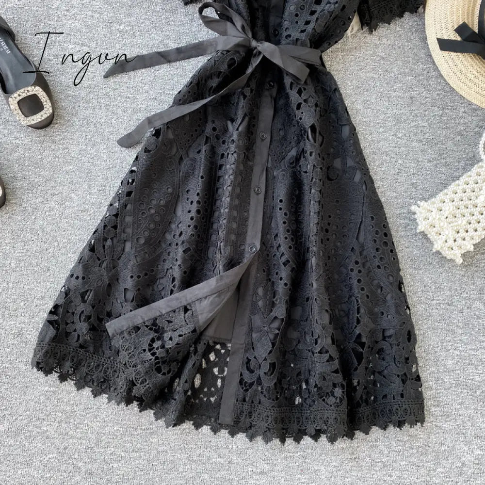 Ingvn - Women Elegant Hollow Out Lace Dress Office Lady Summer Solid O-Neck Button up Sashes Midi Dress Female Chic Short Sleeve Dress