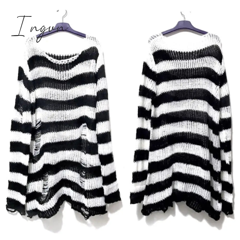 Ingvn - Punk Gothic Long Unisex Sweater  Summer Women Striped Cool Hollow Out Hole Broken Jumper Loose Rock Thin Dark Streetwear Top