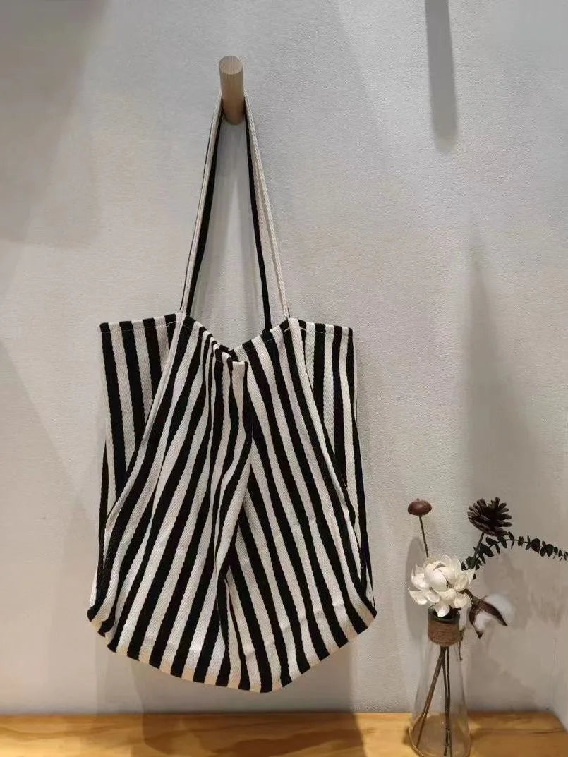 Ingvn  Korean Striped Double-sided Canvas Bag Summer New Niche Design Large Capacity Student Tote Bags