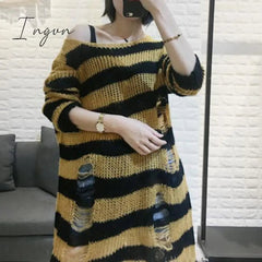 Ingvn - Halloween 200 Gothic Knitted Sweater Women Long Pullovers Striped Loose Winter Ripped Plus Size Sweaters Jumpers Mujer Jersey