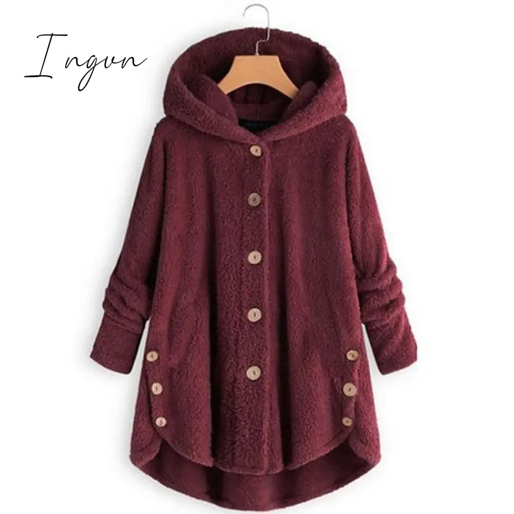 Ingvn - Women's Fleece Jacket Pullover Sherpa Fleece Teddy Button Front Pocket claret turmeric Black Solid Color Street Hoodie Plus Size Long Sleeve Fleece