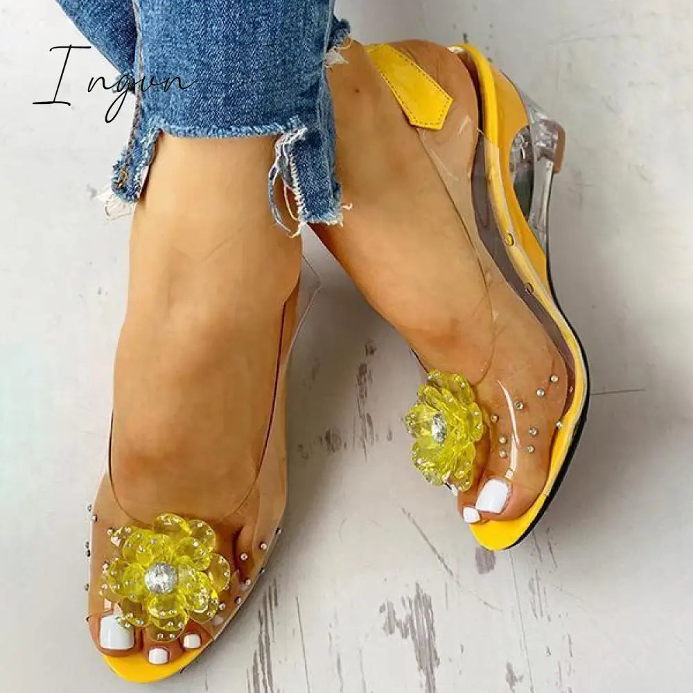 Ingvn - Studded Flower Design Transparent Wedge Sandals
