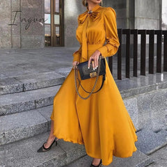 Ingvn - Elegant Vintage Dresses Classy Outfits Women Fashion Spring Autumn Long Sleeve Satin Yellow Dress Chic Maxi Dress