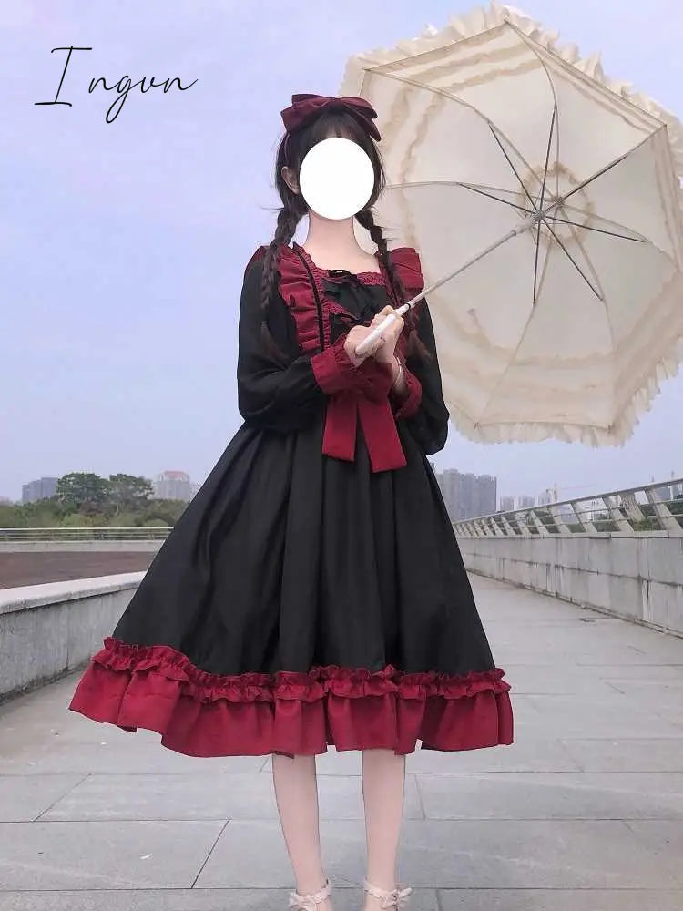 Ingvn - Japanese Harajuku Gothic Bandage Bow Splice Dress Sweet Lolita Girl Cosplay Dress Kawaii Ruffles Bow Women Party Dress