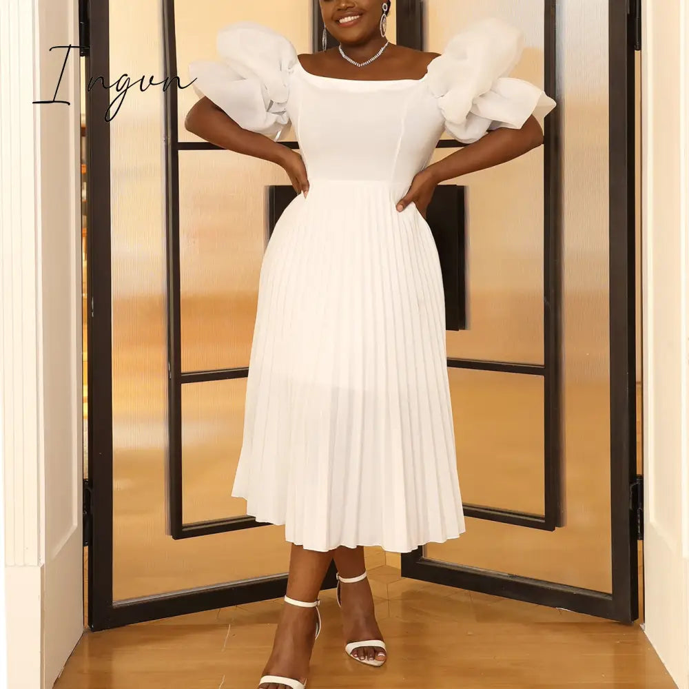 Ingvn - Women Elegant White Pleated Dresses Midi Off Shoulder Puff Sleeve A Line Cocktail Party Swing Dress Prom Summer 2023 Big Size