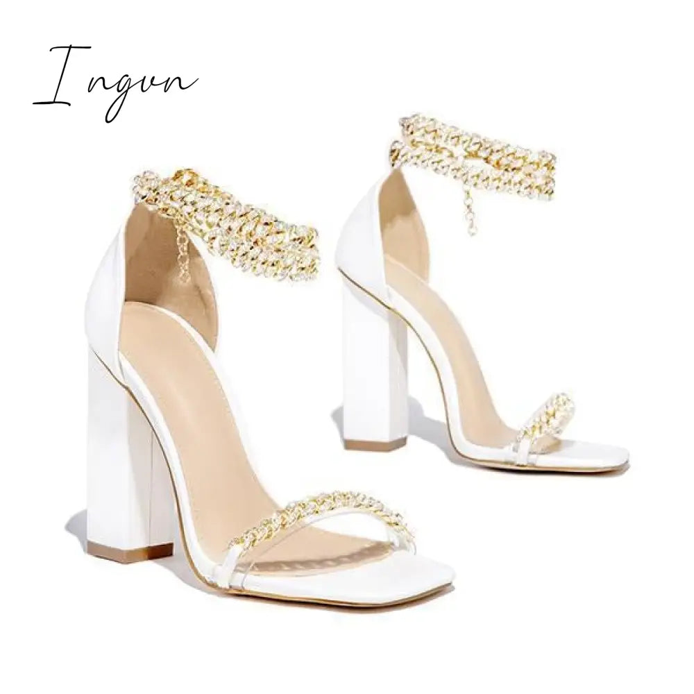 Ingvn - Gold-Tone Chain Embellished Ankle Strap Chunky Heels
