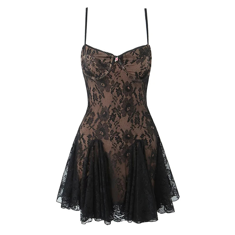 New Fashion Women Spaghetti Straps Lace Sexy Dresses Black Beige Backless Hollow Out A-line Mini Dress Night Out Robe
