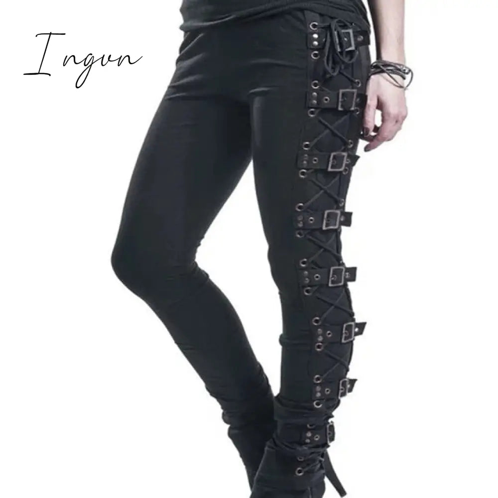 Ingvn - Rosetic Lace Up Casual Cargo Pants Women Buckle Gothic Punk Rock Dark Black Pantalons High Waist Pants Plus Size Trousers S-5XL