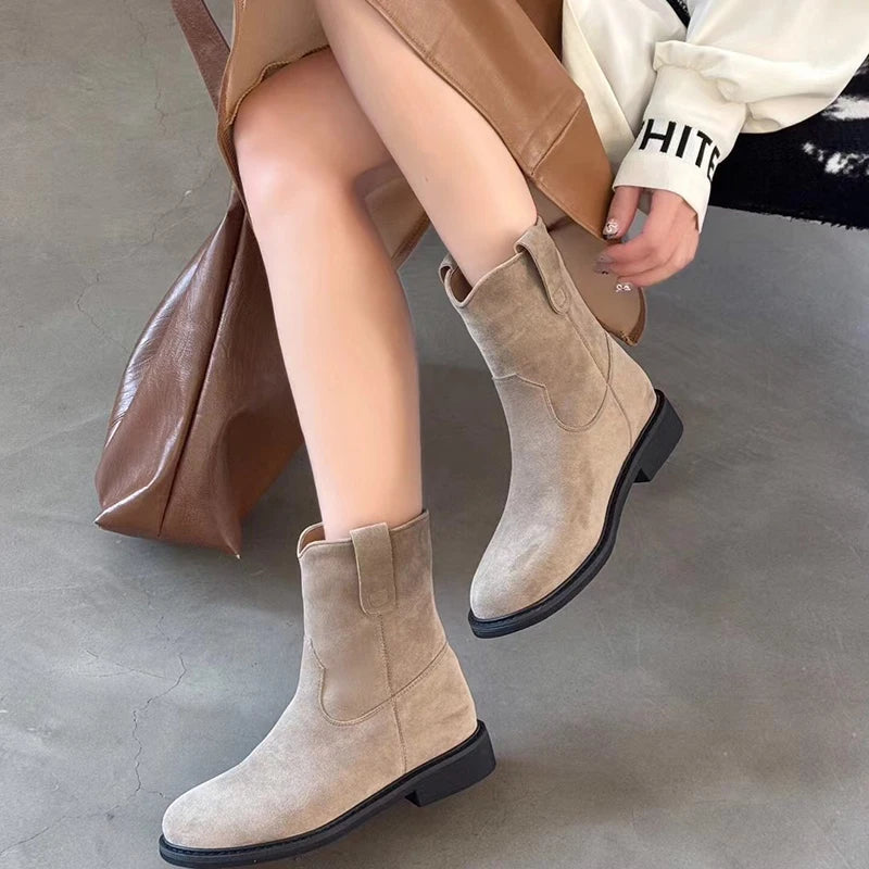 Ingvn  Autumn Winter Women Western Cowgirl Boots Fashion Elegant Slip On Shoes Low Heel Laides Knight Short Booties