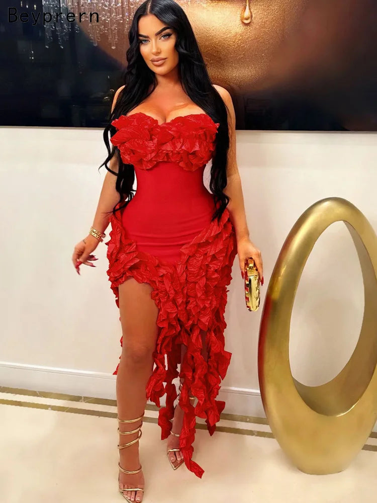 Women Summer Strapless Ruffles Tassel Dress Girls Glamour Red Flower Irregular Party Dress Celebrities Outfits Clubwear