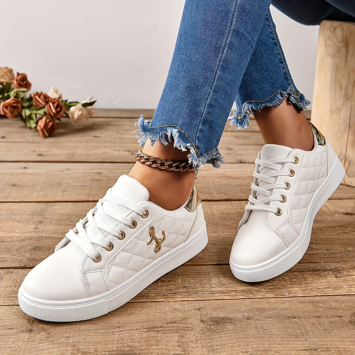 Chic Quilted Sneakers for Women - Comfortable Low-Top Design with Lace-Up Closure, Metallic Accent and Soft Sole for Casual Wear