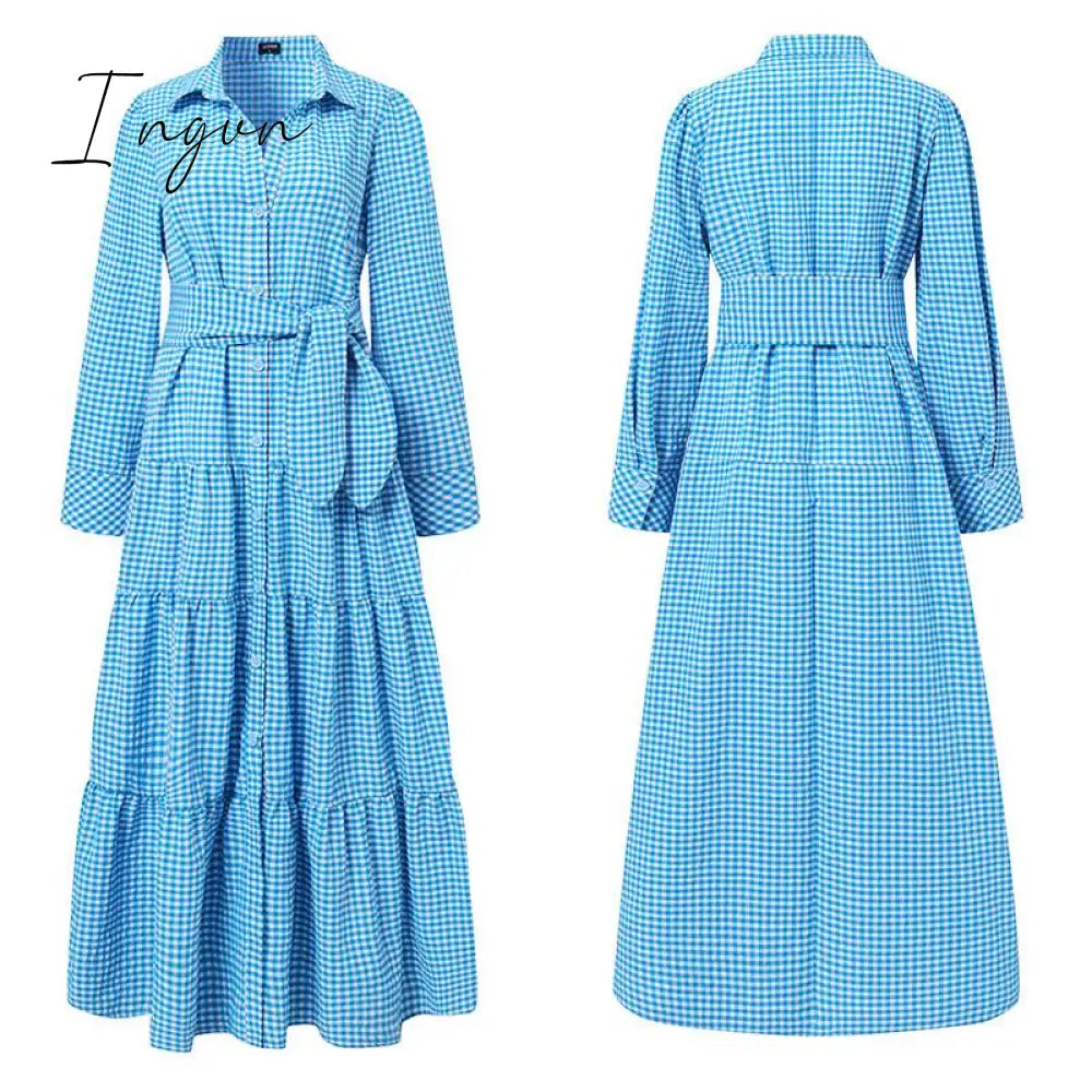 Ingvn - Spring Shirt Dress Women Long Sleeve Party Dresses Casual Lapel Button Vintage Belted Pockets Sundress Plaid Printed Robes
