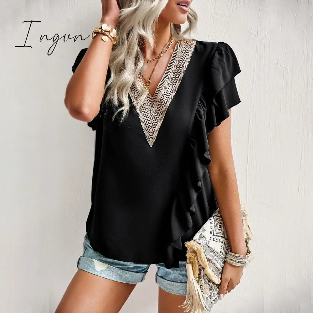 Ingvn - Short sleeved shirt for women's summer 2023 temperament commuting V-neck ruffle top