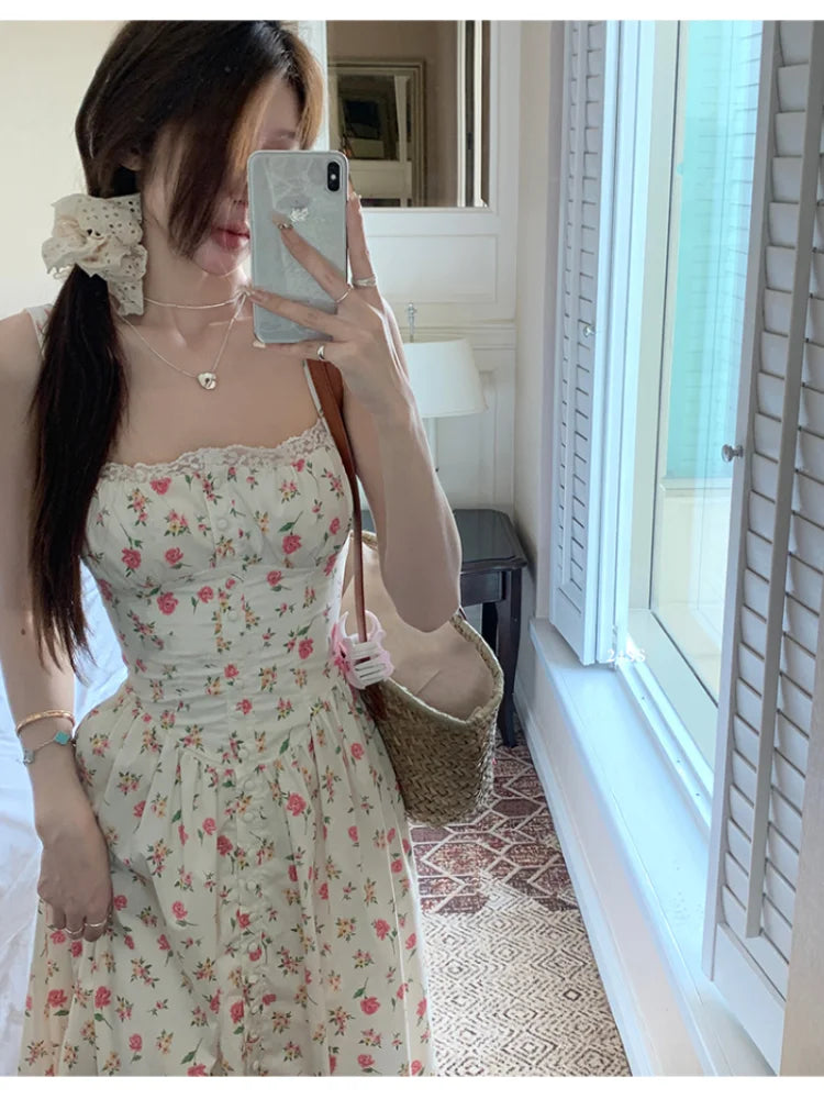Elegant Beach Party White Midi Dresses for Women Summer New Korean Fashion Casual Sleeveless Slim Flower Female Clothing