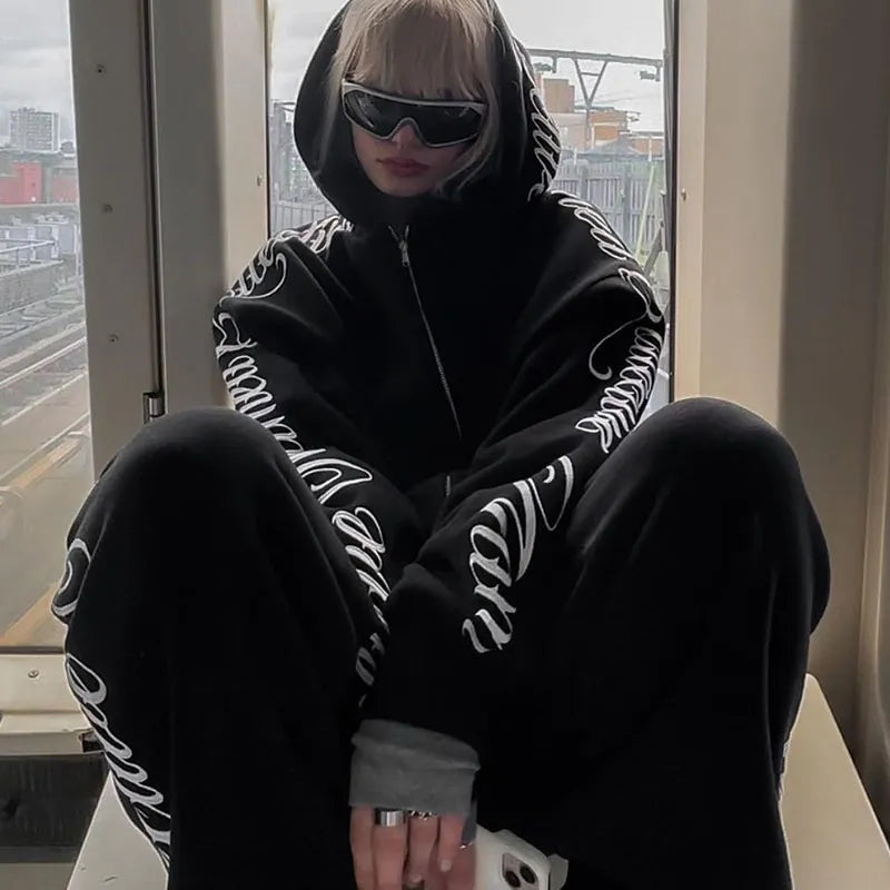 American Winter Sweatshirt Y2k Gothic Hip Hop Couple Hoodies Print Harajuku Zip Up Oversized Women Punk Grunge Black Jacket