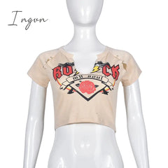 Ingvn - Y2K V Neck Graphic T Shirts Women Summer Print Short Sleeve Tee Top Hottie Fashion Streetwear Spicy Girls Casual T-shirt