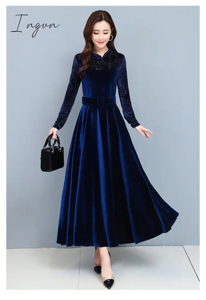 Ingvn - High Quality Fashion Vintage Velvet Dress Winter Dresses Women Long Sleeve Evening Party Dress For Middle Age Mom Vestidos