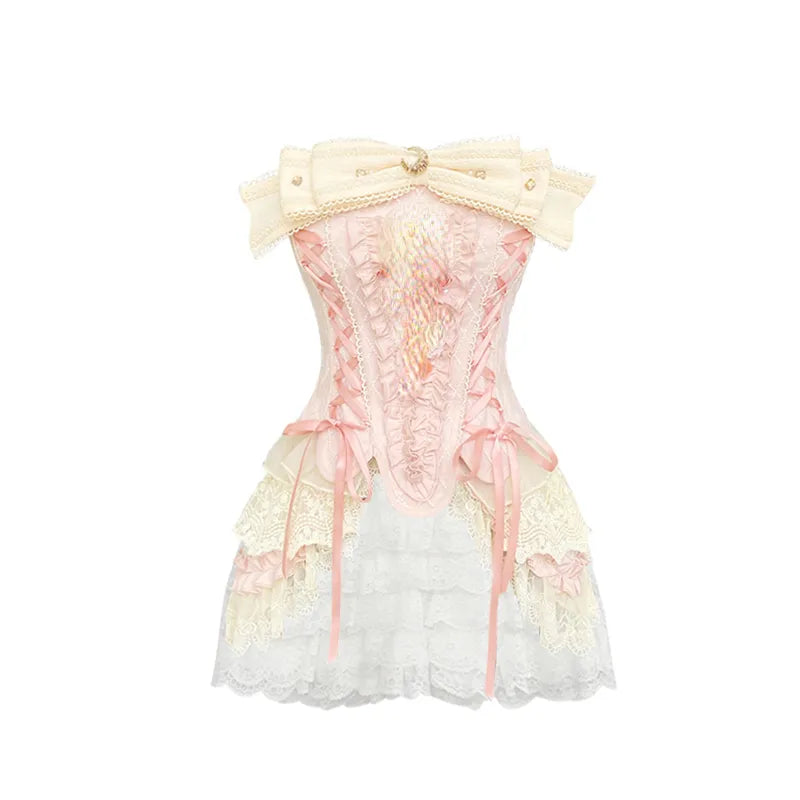 French Elegant Corset Suit Women Bow Tie Sexy Lace Tube Top White Shorts Two Piece Casual Fashion Summer Female Two Piece Set