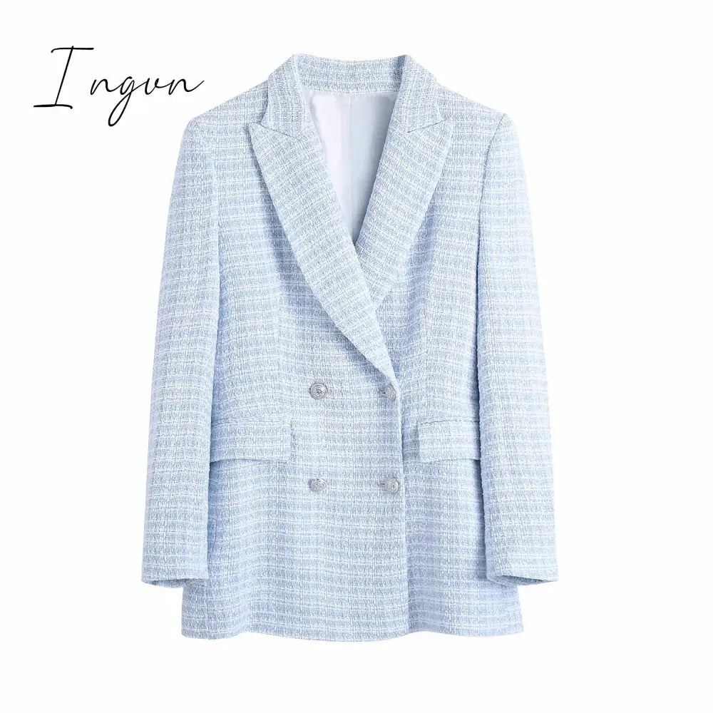 Ingvn - Fashion Casual Double Breasted Tweed Women Blazer Coat New Long Spring Autumn Jackets Coats Female Chic Office Lady Tops