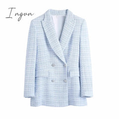 Ingvn - Fashion Casual Double Breasted Tweed Women Blazer Coat New Long Spring Autumn Jackets Coats Female Chic Office Lady Tops