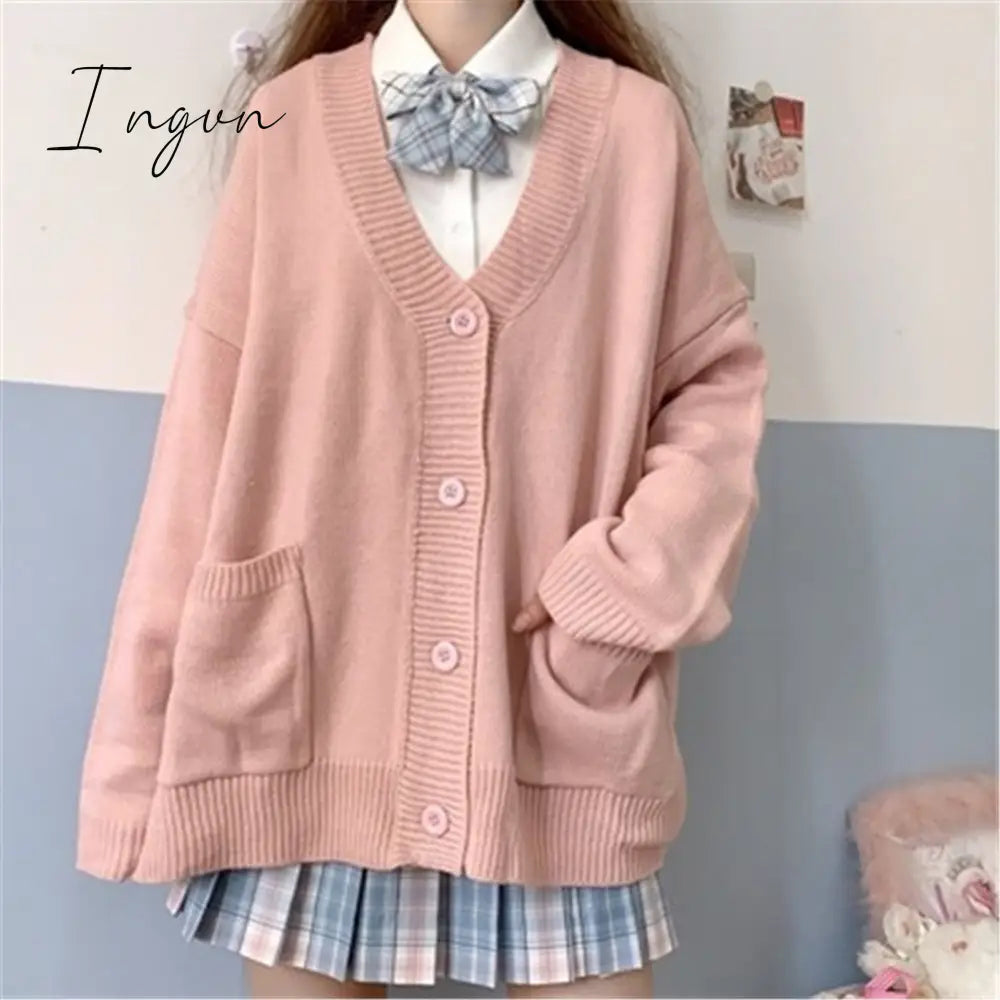 Ingvn - Autumn Winter V-neck cotton knitted sweater uniform cardigan multicolor women's wear Japanese style sweater tops