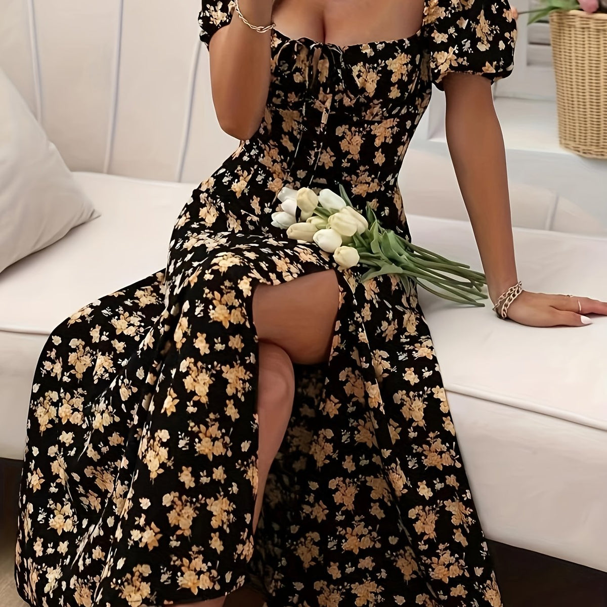 Elegant Floral Puff Sleeve Dress - Lightweight, Split Hem A-line for Spring & Summer Occasions