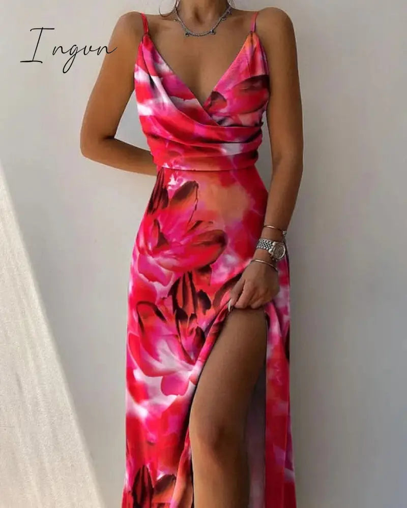 Ingvn - 2023 Trends Women Tropical Print Halter Maxi Dress Summer Vacation Sleeveless Sexy camisole Large swing Dress Casual Floral
