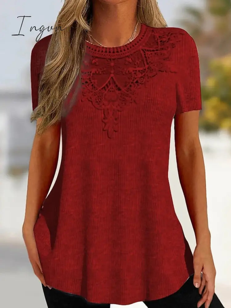 Ingvn - Women's T shirt Tee Blouse Black Pink Red Plain Lace Short Sleeve Casual Basic Round Neck Regular