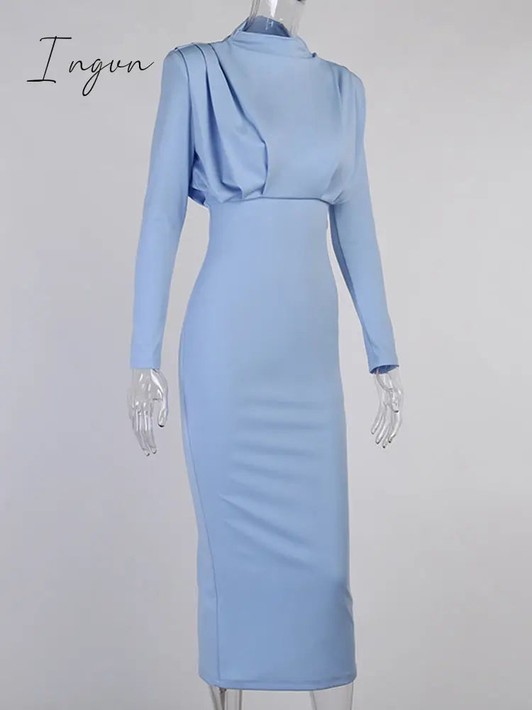 Ingvn - Elegant Women Dress Stand Collar Slim Waist Solid Blue Ankle Length Autumn Long Sleeve Casual Party Dress Fashion