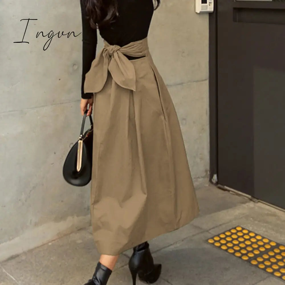 Ingvn - Spring Outfits Trends Skirts Womens Korean Fashion Solid Color Big Swing Ladies Skirt Long Skirt Autumn Wild High Waist Bow Slim Skirts
