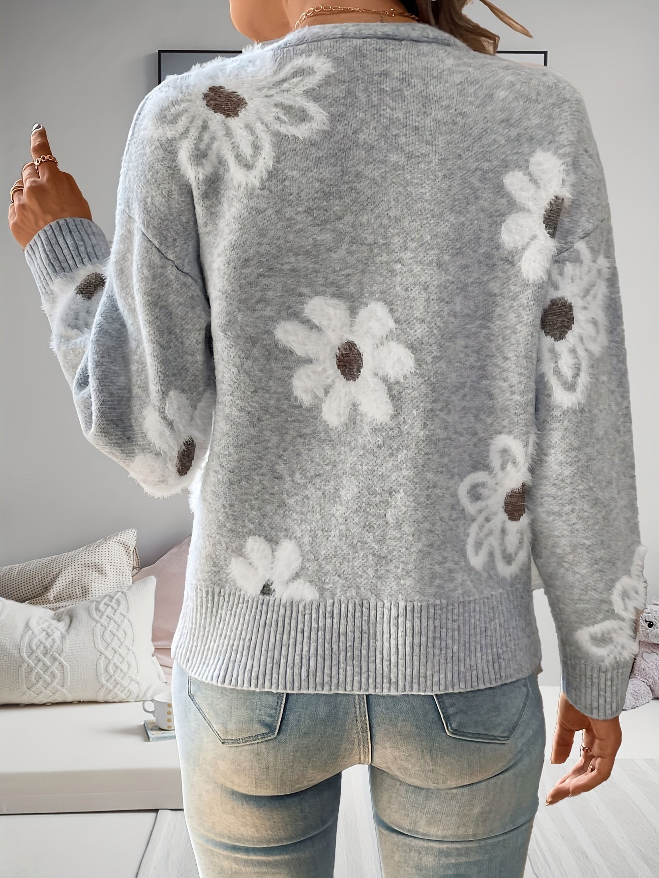 Cozy Chic Women's Knitted Cardigan - Soft V-Neck, Drooping Shoulder, Printed Button Detail, Warm and Stylish Winter Coat