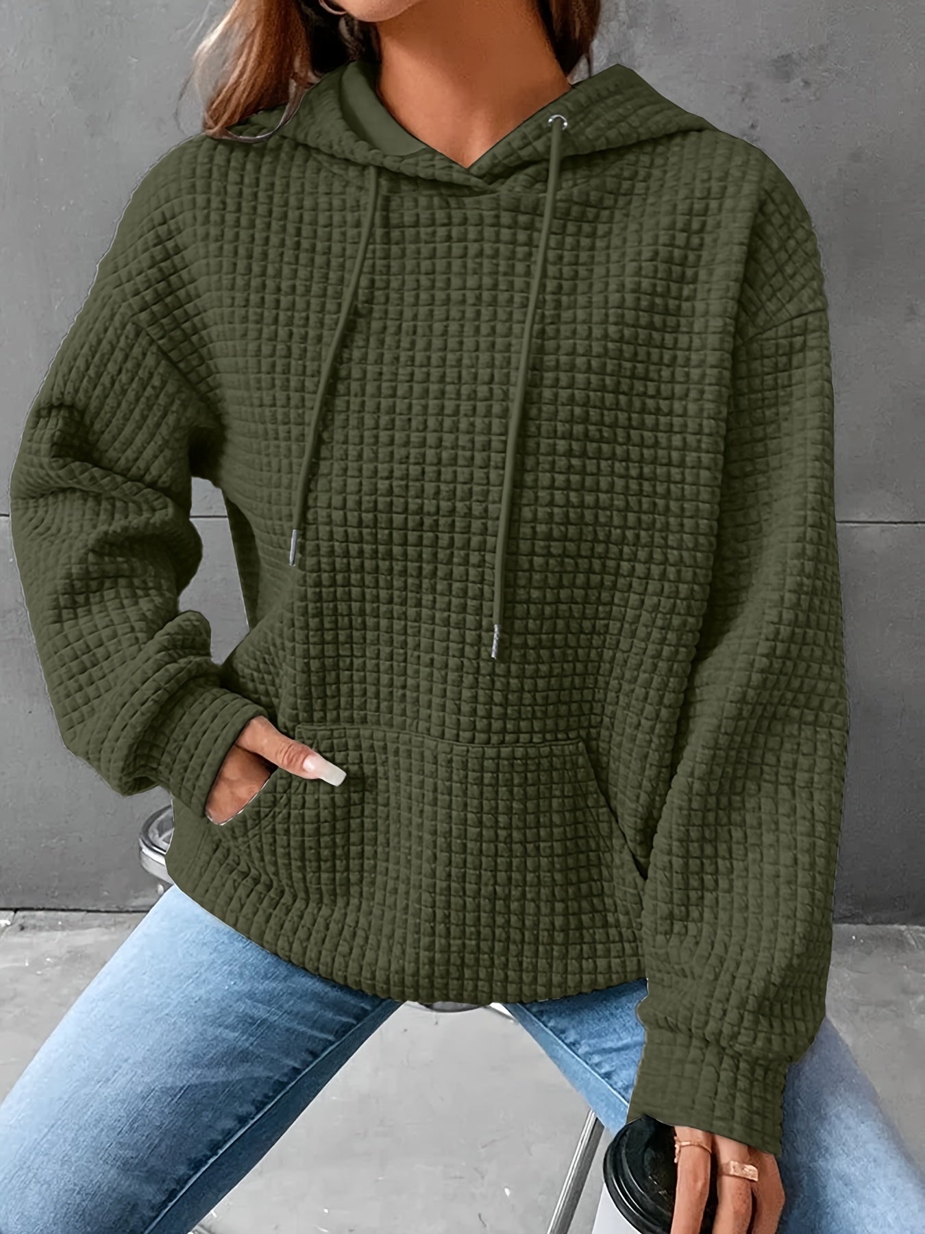 Waffle Grid Kangaroo Pocket Hoodie, Casual Long Sleeve Drawstring Hoodies Sweatshirt, Women's Clothing