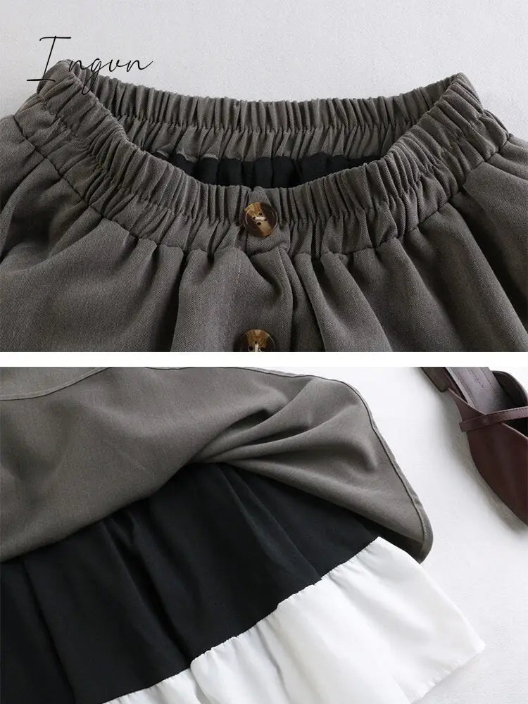 Ingvn - Winter Thick Korean Style Midi Long Pleated Skirt Women White Patchwork Button High Waist A Line Skirt Female