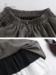 Ingvn - Winter Thick Korean Style Midi Long Pleated Skirt Women White Patchwork Button High Waist A Line Skirt Female