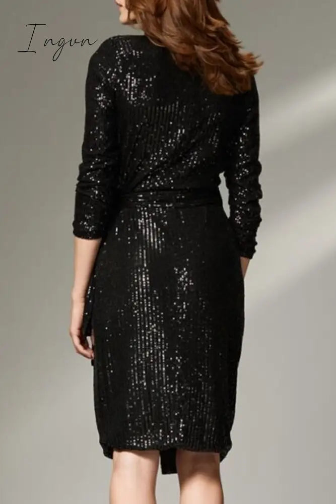 Ingvn - Sexy Solid Bandage Sequins V Neck Wrapped Skirt Dresses
