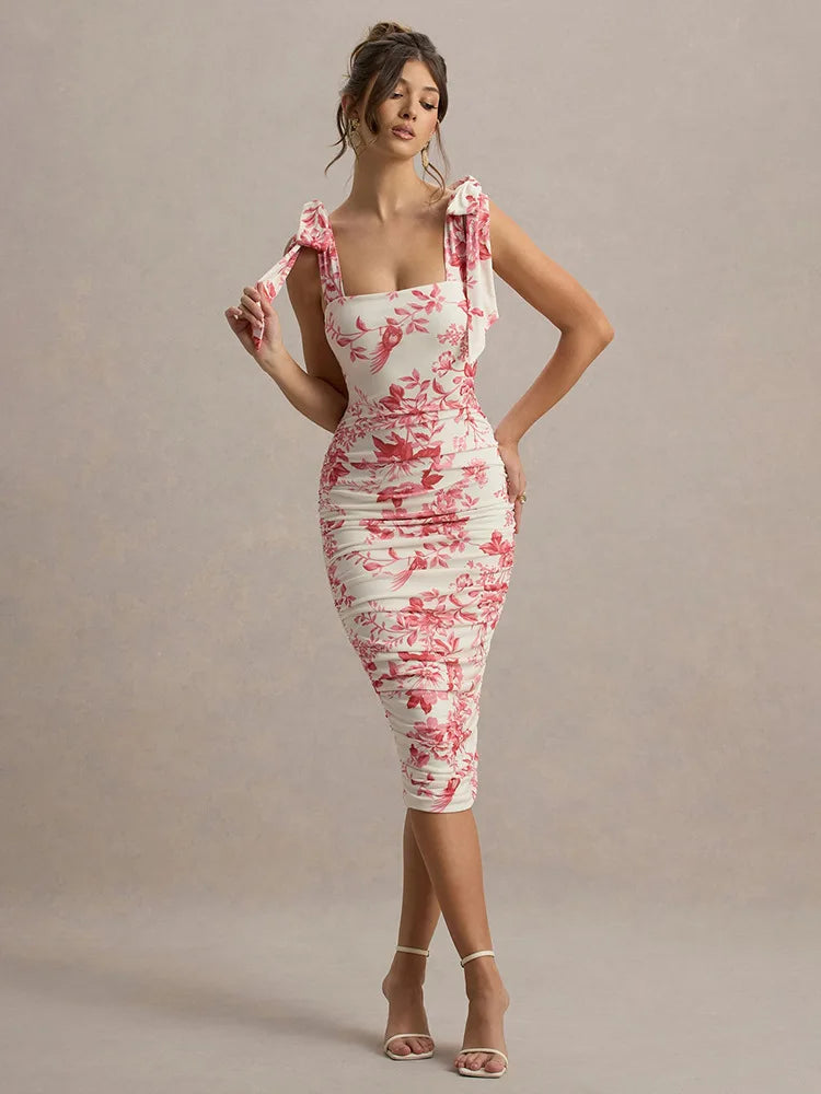 Floral Print Backless Sexy Maxi Dress For Women Gown Spaghetti Strap Square Collar Ruched Bodycon Club Party Dress