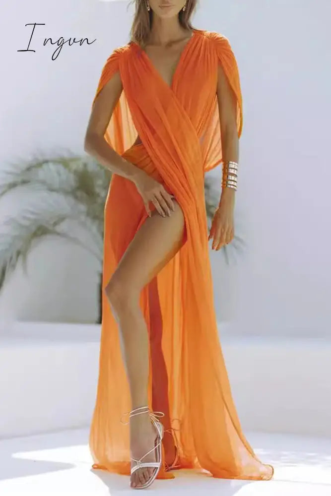 Ingvn - Sexy Solid Color See-Through Slit Swimwears Cover Up