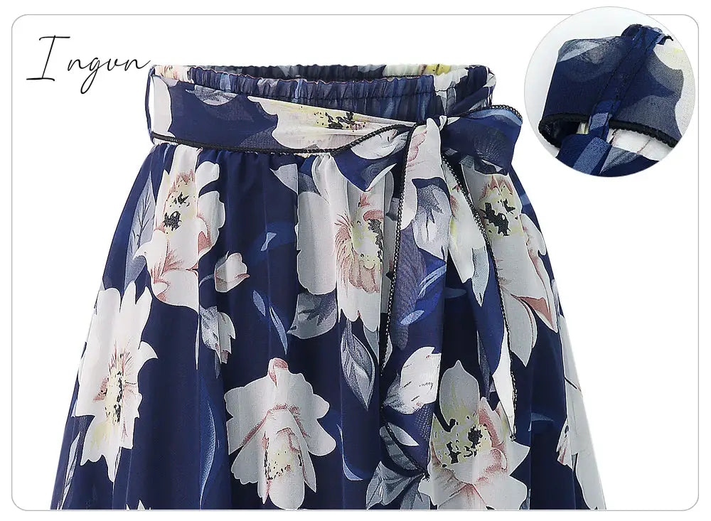 Ingvn - New Plus Size Women Chiffon Skirt Europe Fashion Bow Saia Midi Lining Jupe Femme Lace Up Falda Mujer Summer Print Floral Skirts