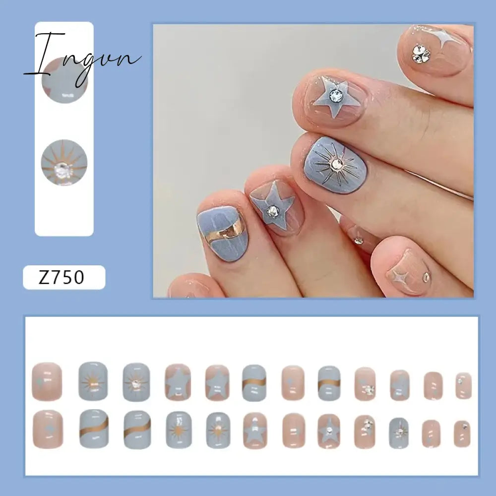 24pcs/Box Gradient Nail Art Patches False Nails Short Square Nail Blue Starry Glitter Teardrop Diamond Fake Nail Tips