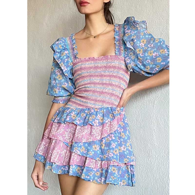 Mixed floral prints ruffled party dress puff sleeve square neck smocked sexy laides dress mini chic summer dress
