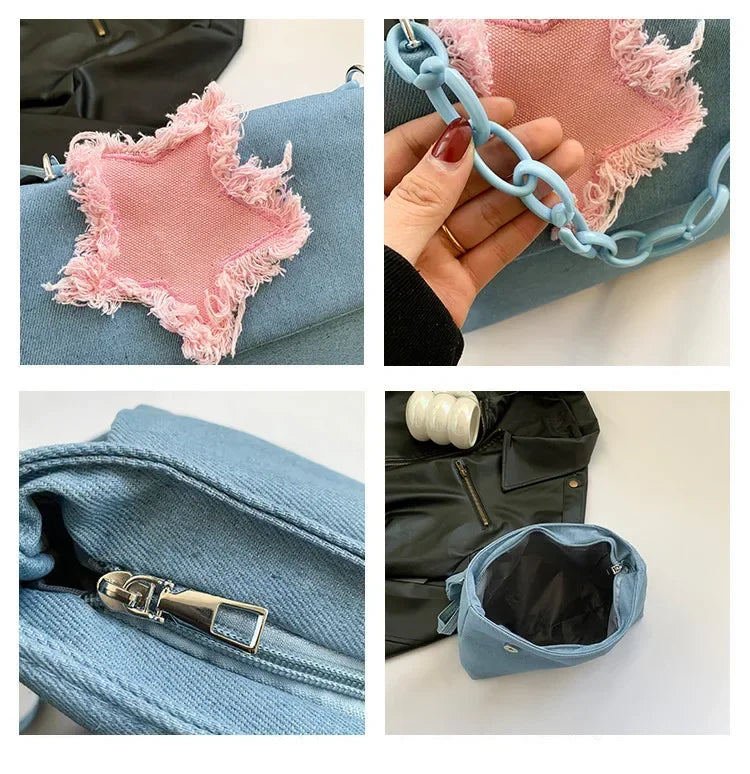 Ingvn  Sweet Pink Star Women's Denim Shoulder Bag Chain Handle Ladies Clutch Crossbody Bags Simple Hot Girls Square Tote Purse Handbags