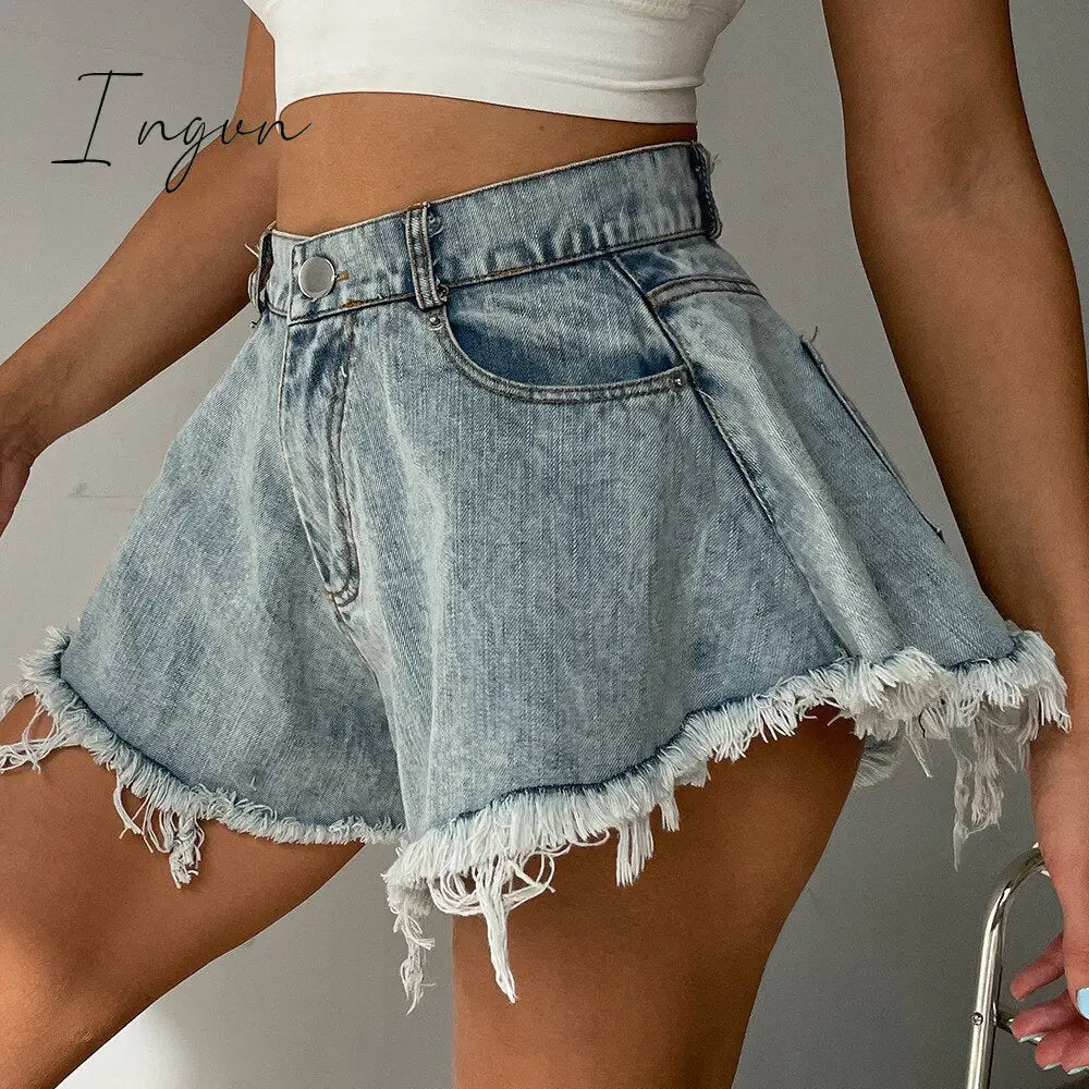 Ingvn - New Women Denim Shorts With Holes And High Waist Loose Tassel Jeans S-XXL