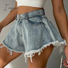 Ingvn - New Women Denim Shorts With Holes And High Waist Loose Tassel Jeans S-XXL