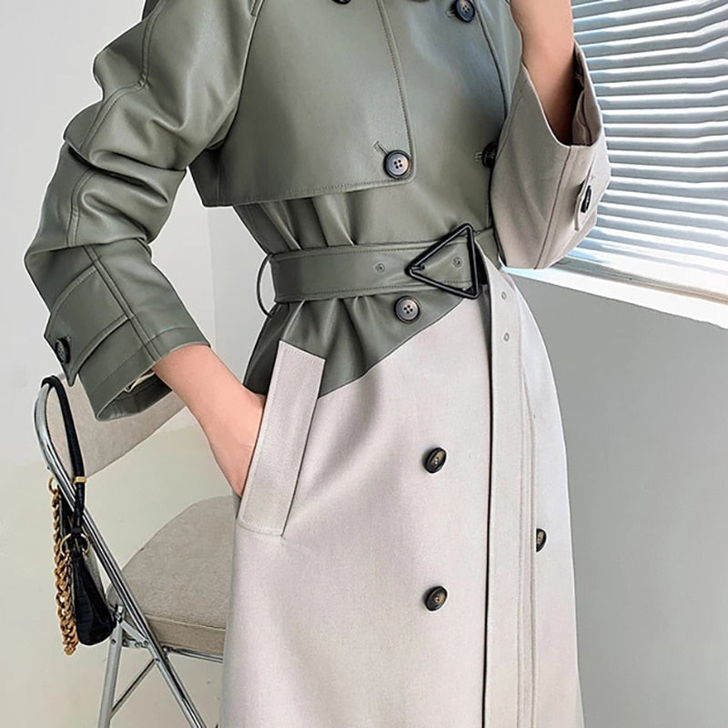 Women's Coat Spring Autumn Windbreaker Jacket Female Green Trench Quality Clothing Leather Stitching Windproof Long Ladies Cloak