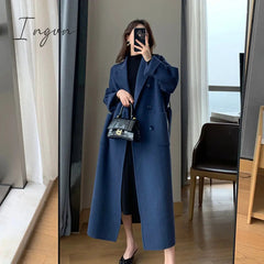 Ingvn - Selling Women Spring Autumn Coat Fashion Warm Outerwear Woolen Blends Female Long Elegant Double Breasted Solid Woolen Coat