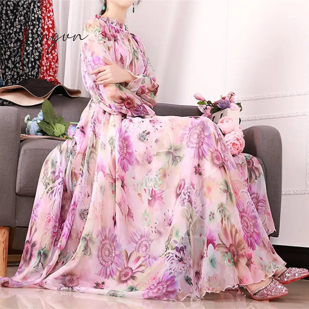 Ingvn - 2023 New Arrives Chiffon Long Sleeve Floral Print Dress Boho Plus Size Women Beach Party Garden Maxi Dress Elegant Vestidos Robe