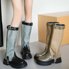 Ingvn  Vintage Winter Belt Buckle Women Knee High Boots Fashion Slip On Long Booties Designer Thick Heels Botas De Mujer