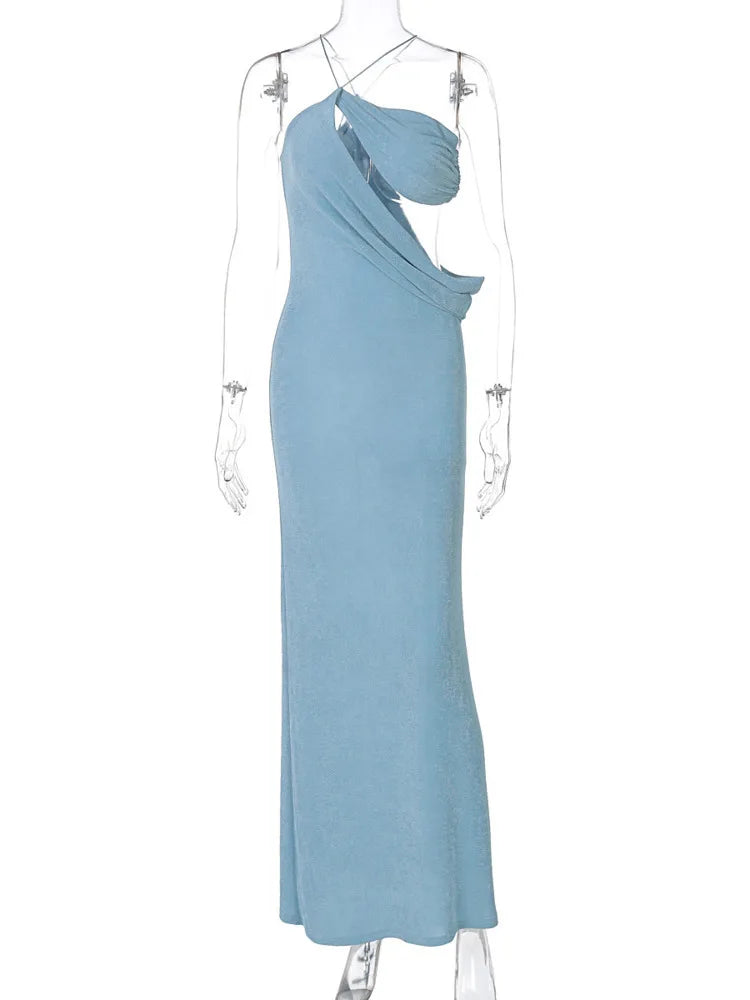 Halter Skew Collar Sexy Maxi Dress For Women Gown Hollow Out Strapless Sleeveless Backless Bodycon Club Long Dress