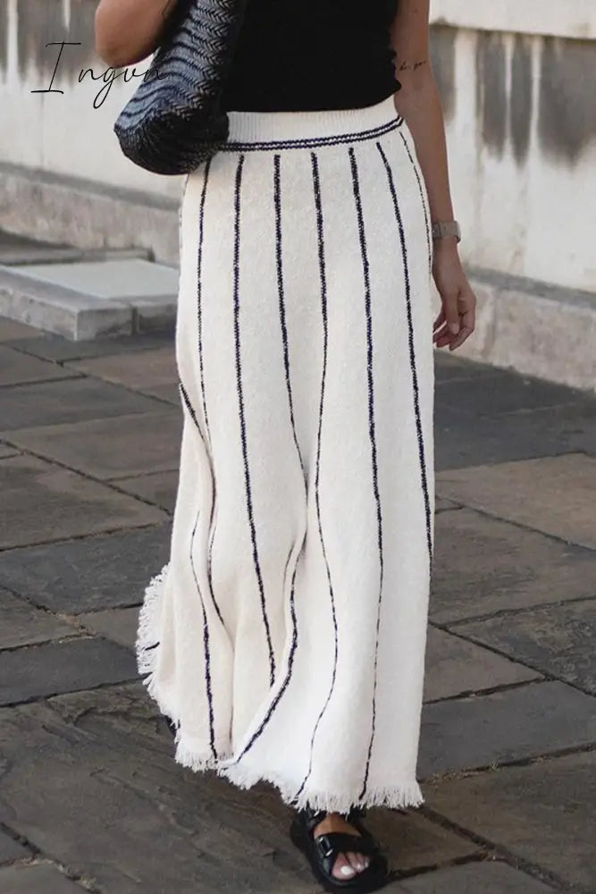 Ingvn - British Style Elegant Striped Tassel Patchwork High Waist Type A Patchwork Bottoms